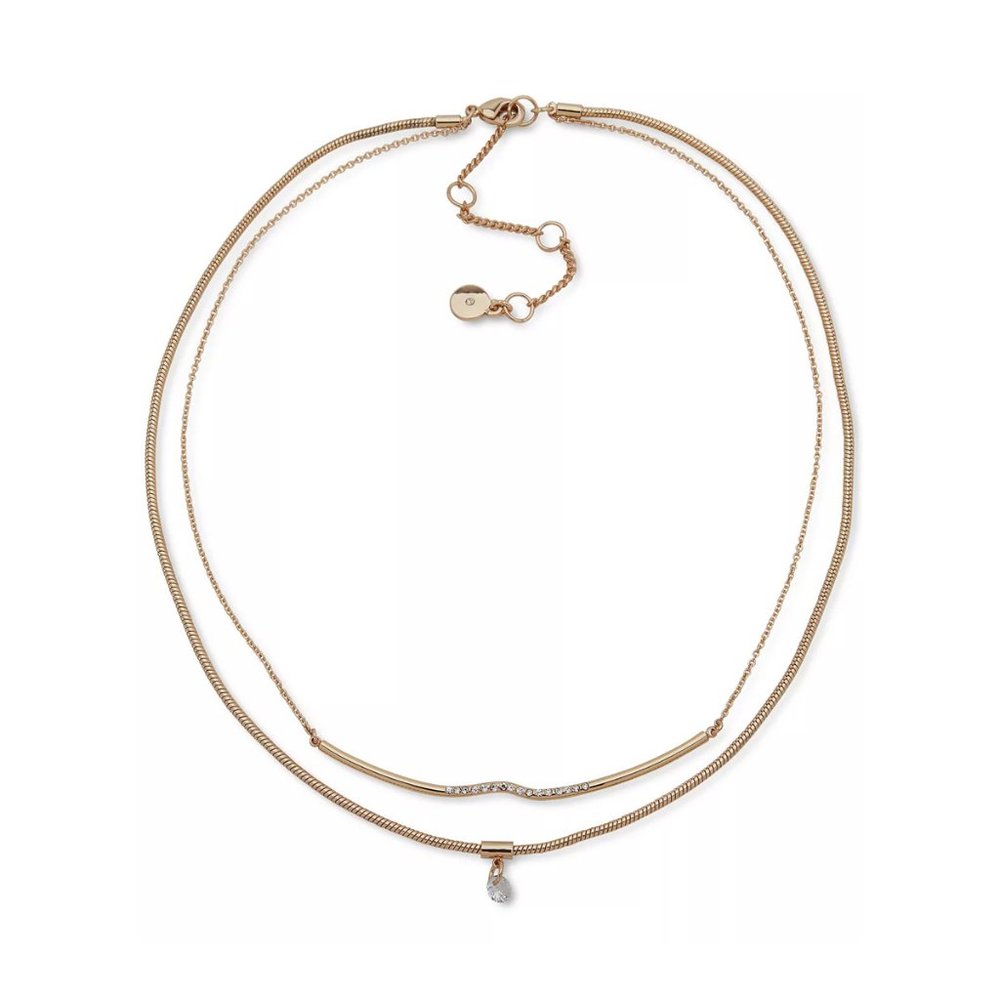 New DKNY Gold-Tone Crystal Wavy Pendant Two Row Necklace